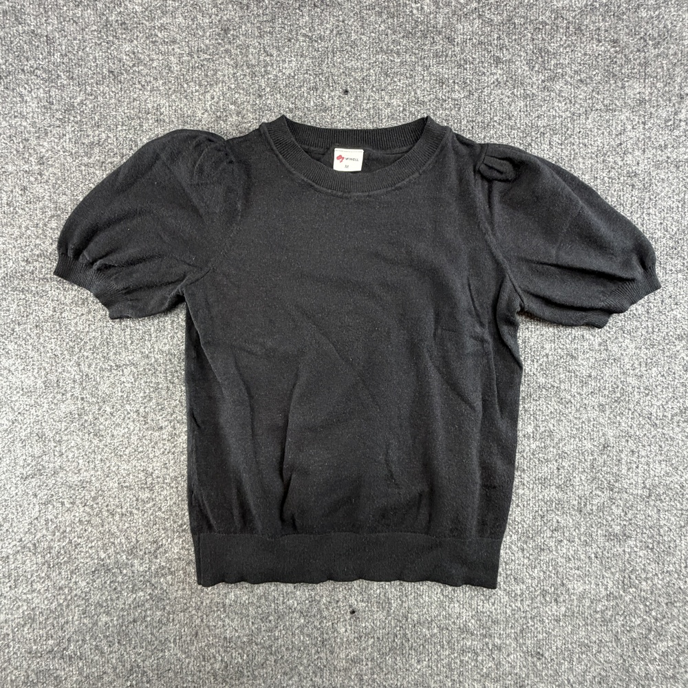 WINOLL Sweater Womens M Black Tight-Knit Puff Short Sleeve Crewneck Top